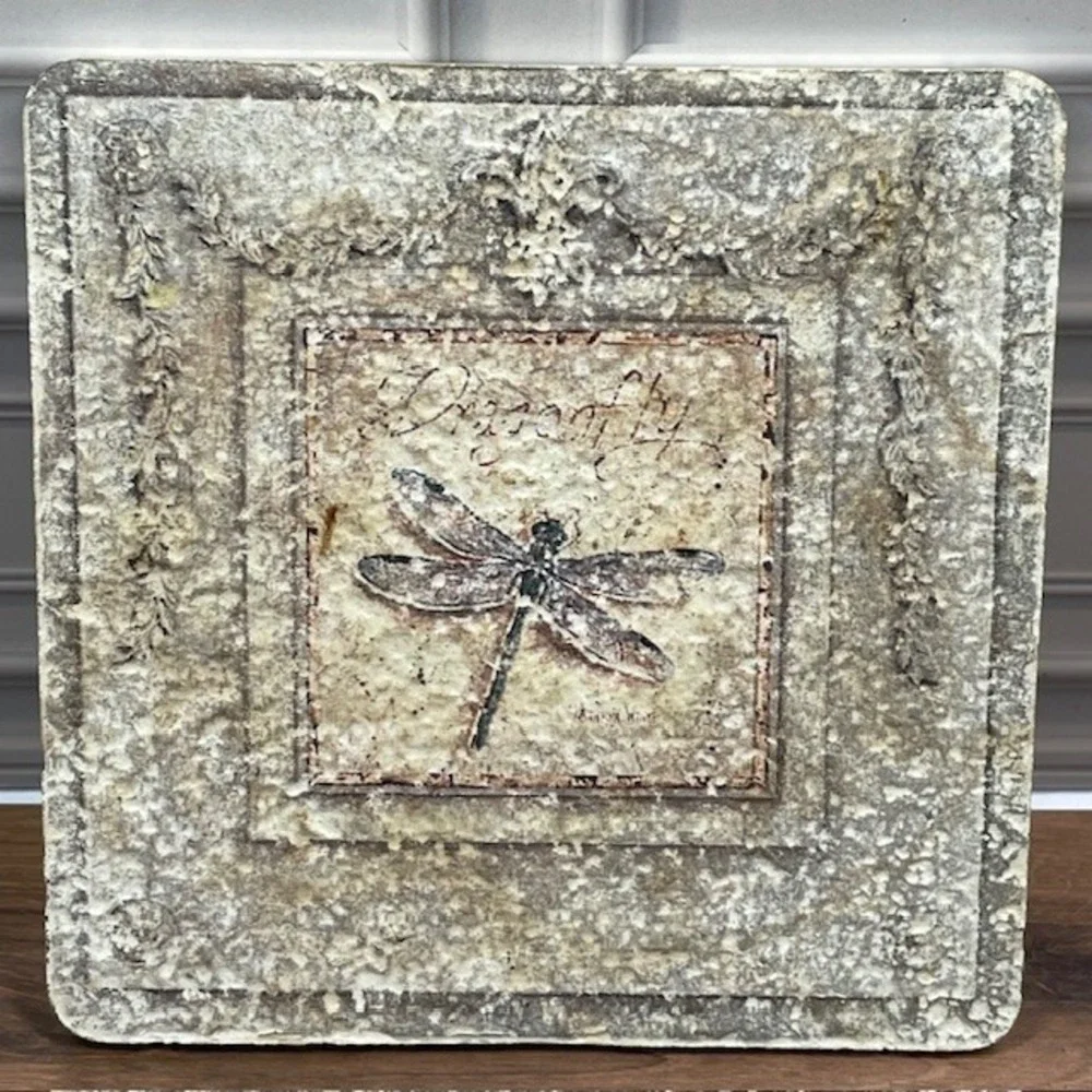 Dragonfly & Bumble Bee Ceramic Coasters Distressed Rustic Cork Backing Set‎ of 2